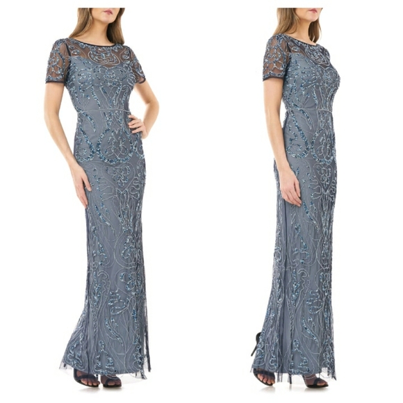 JS COLLECTIONS Sequin Embroidered Column Gown - Picture 1 of 13